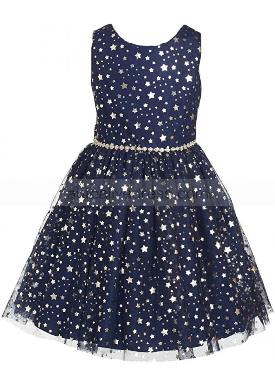 Navy Blue Star Tulle Sparkly Flower Girl Dress